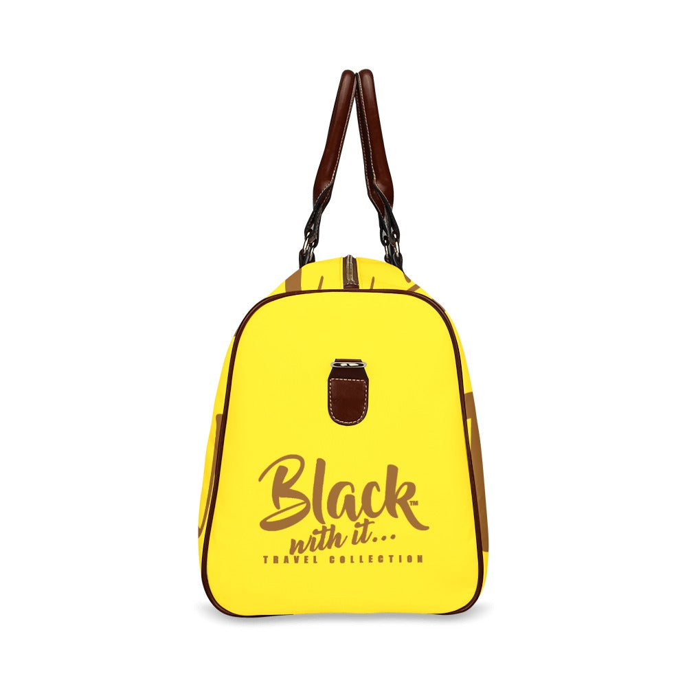 BWI: Luxury Travel Bag: Brown w/ Gold Font - Brown Leather Straps Large-Waterproof (Model 1639) Waterproof Travel Bag/Large (Model 1639)