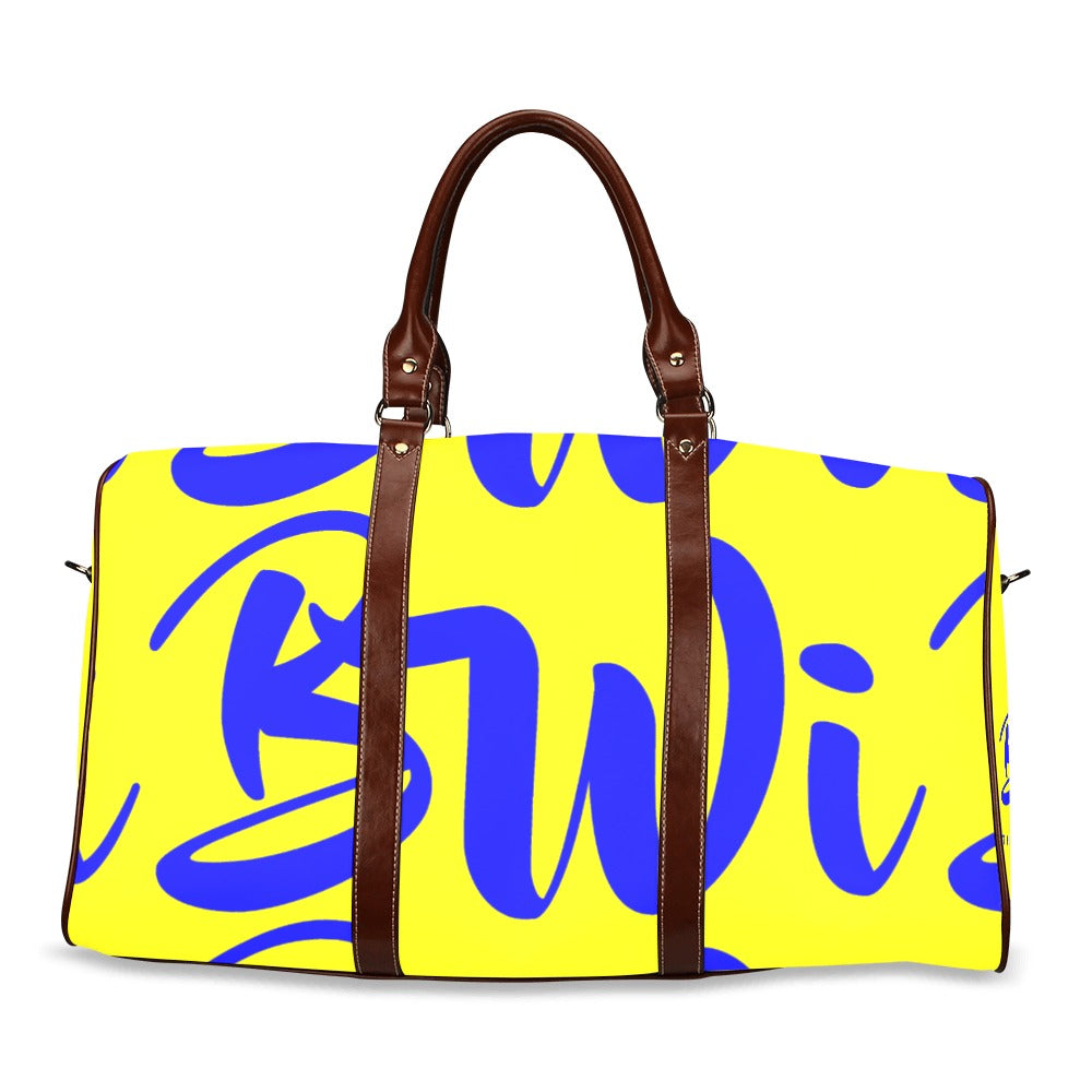 BWI: Luxury Travel Bag: Yellow w/ Blue Font - Brown Leather Strap Waterproof Travel Bag/Large (Model 1639)