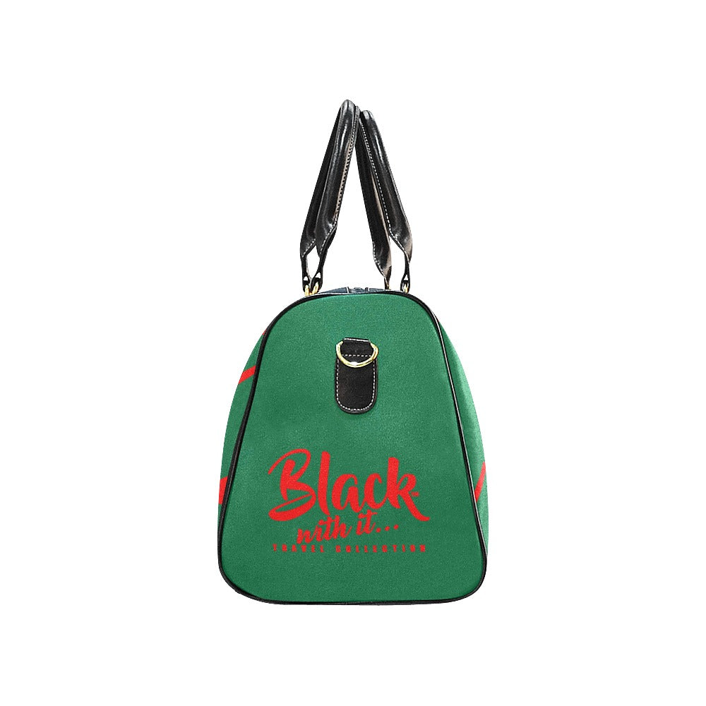 BWI: Luxury Tavel Bag: Kelly Green w/ Red Font - Black Leather Strap New Waterproof Travel Bag/Large (Model 1639)