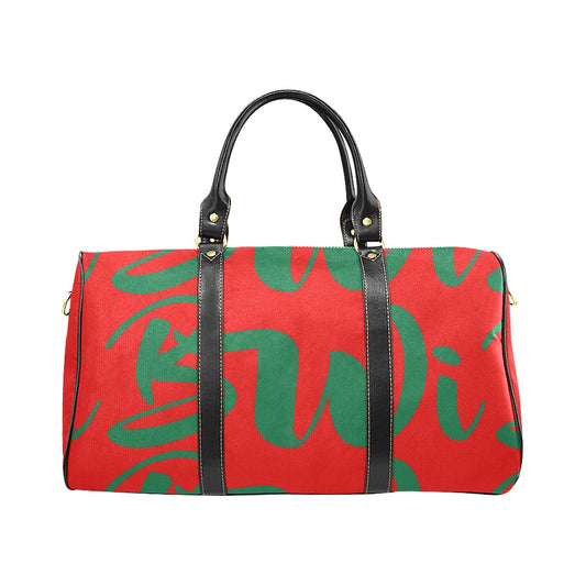 BWI: Luxury Travel Bag: Red w/ Kelly Green Font Black Leather Strap New Waterproof Travel Bag/Large (Model 1639)