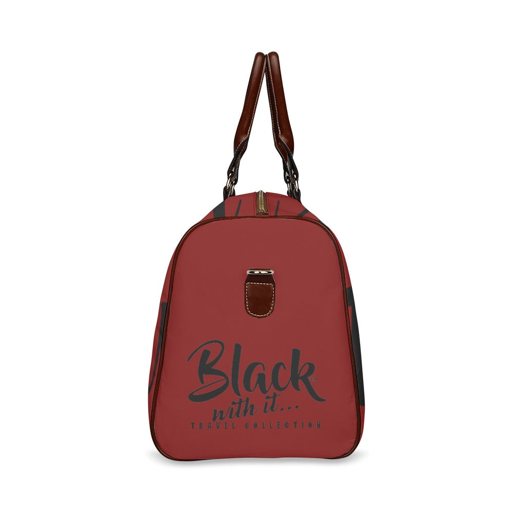 BWI: Luxury Travel Bag: Maroon w/ Black Font - Brown Leather Strap Waterproof Travel Bag/Large (Model 1639)