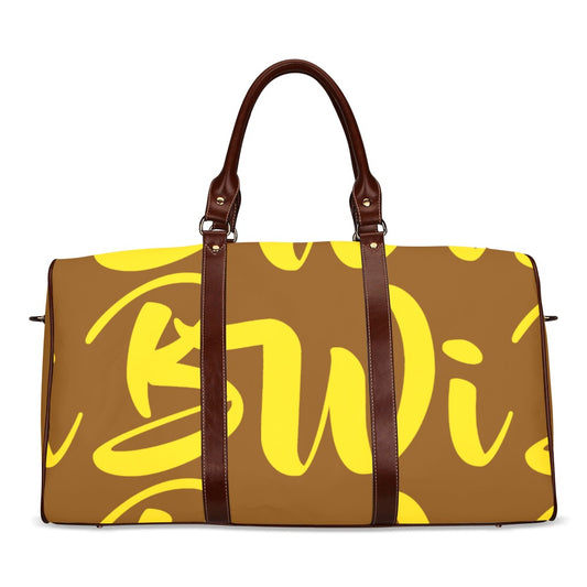 BWI: Luxury Travel Bag: Brown w/ Gold Font - Brown Leather Straps Large-New Waterproof (Model 1639) Waterproof Travel Bag/Large (Model 1639)