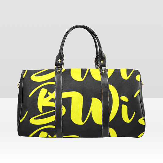 BWI Luxury Travel Bag: Black w/Yellow Font - Black Leather Straps - Large (Made To Order)
