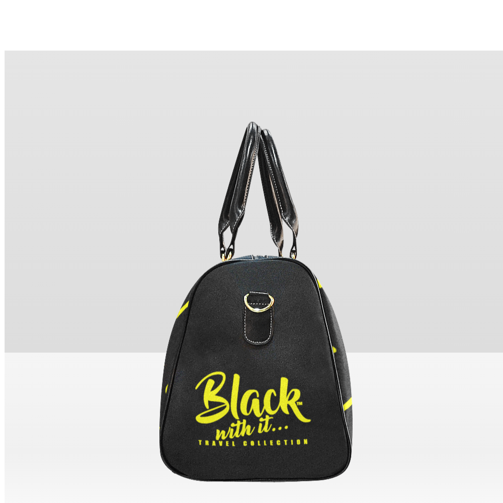 BWI Luxury Travel Bag: Black w/Yellow Font - Black Leather Straps - Large (Made To Order)