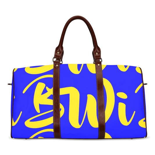 BWI: Luxury Travel Bag: Blue w/ Gold Font - Brown Leather Strap Waterproof Travel Bag/Large (Model 1639)