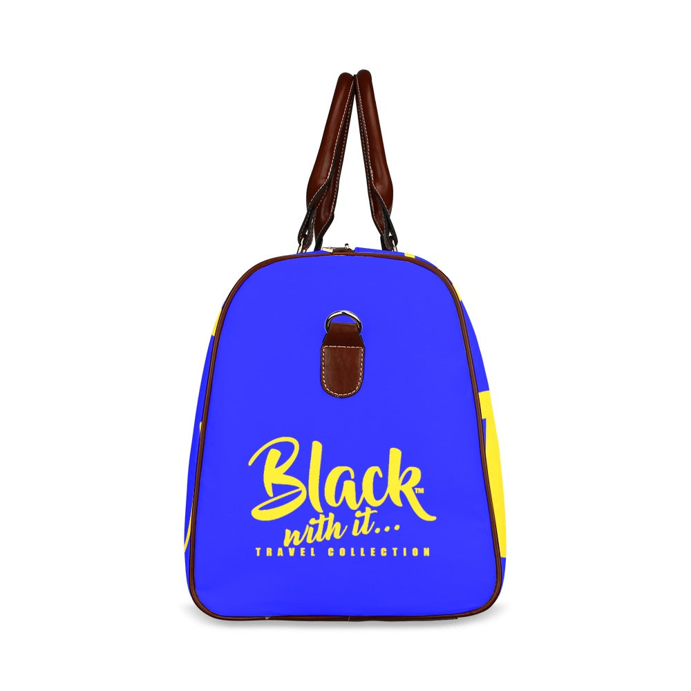 BWI: Luxury Travel Bag: Blue w/ Gold Font - Brown Leather Strap Waterproof Travel Bag/Large (Model 1639)