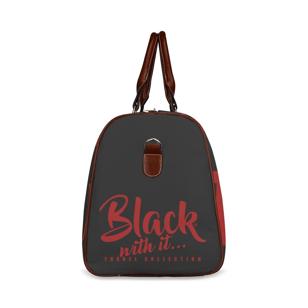 BWI: Luxury Travel Bag: Black w / Maroon Font - Brown Leather Strap Waterproof Travel Bag/Large (Model 1639)