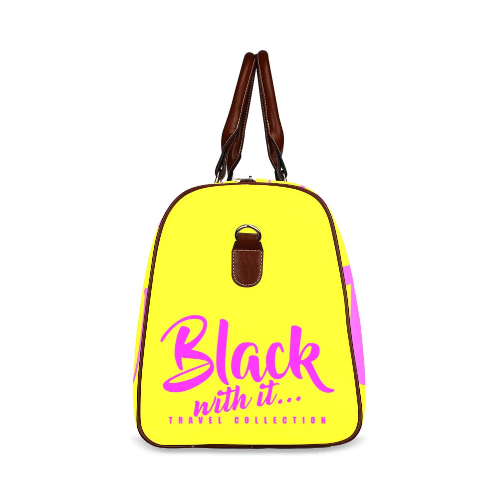 BWI: Luxury Travel Bag: Yellow w/ Pink Font - Brown Leather Straps Waterproof Travel Bag/Large (Model 1639)