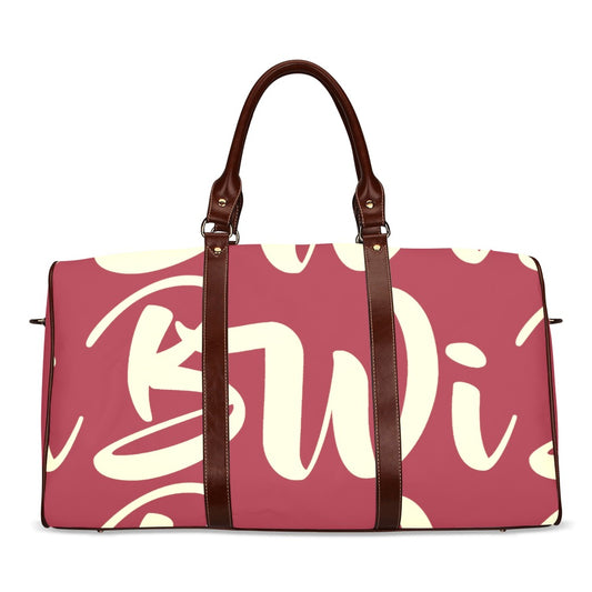 BWI: Luxury Travel Bag: Crimson w/ Cream Font - Brown Leather Straps Large-Waterproof (Model 1639) Waterproof Travel Bag/Large (Model 1639)