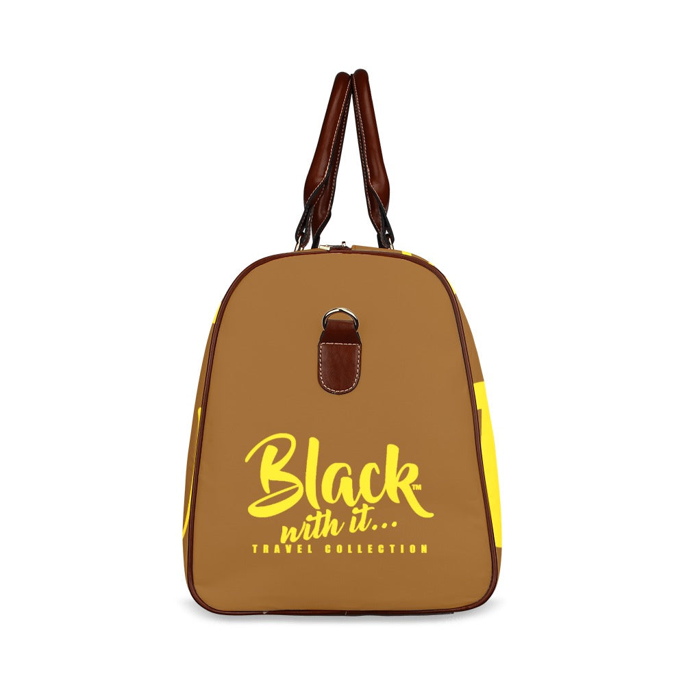 BWI: Luxury Travel Bag: Brown w/ Gold Font - Brown Leather Straps Large-New Waterproof (Model 1639) Waterproof Travel Bag/Large (Model 1639)