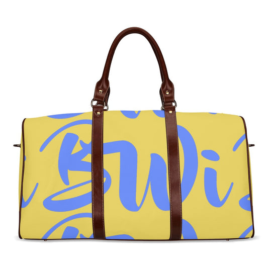 BWI: Luxury Travel Bag: Old Gold w/ Royal Blue Font - Brown Lether Straps Waterproof Travel Bag/Large (Model 1639)