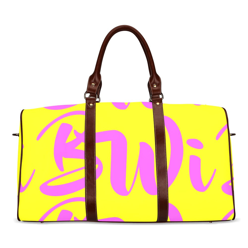 BWI: Luxury Travel Bag: Yellow w/ Pink Font - Brown Leather Straps Waterproof Travel Bag/Large (Model 1639)