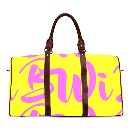 BWI: Luxury Travel Bag: Yellow w/ Pink Font - Brown Leather Straps Waterproof Travel Bag/Large (Model 1639)