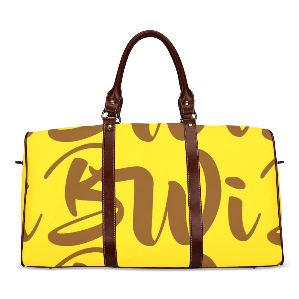 BWI: Luxury Travel Bag: Brown w/ Gold Font - Brown Leather Straps Large-Waterproof (Model 1639) Waterproof Travel Bag/Large (Model 1639)