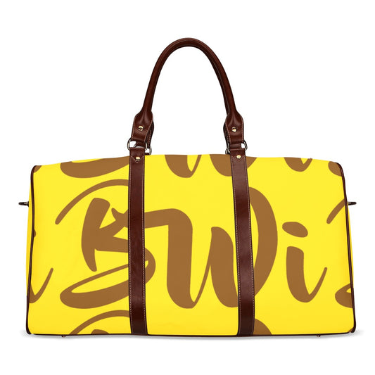BWI: Luxury Travel Bag: Brown w/ Gold Font - Brown Leather Straps Large-Waterproof (Model 1639) Waterproof Travel Bag/Large (Model 1639)
