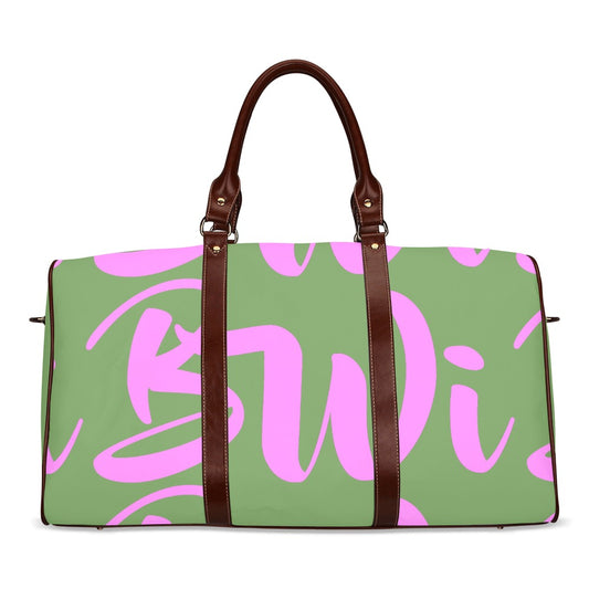 BWI: Luxury Travel Bag: Green w/ Pink Font - Brown Leather Straps Large-Waterproof (Model 1639) Waterproof Travel Bag/Large (Model 1639)