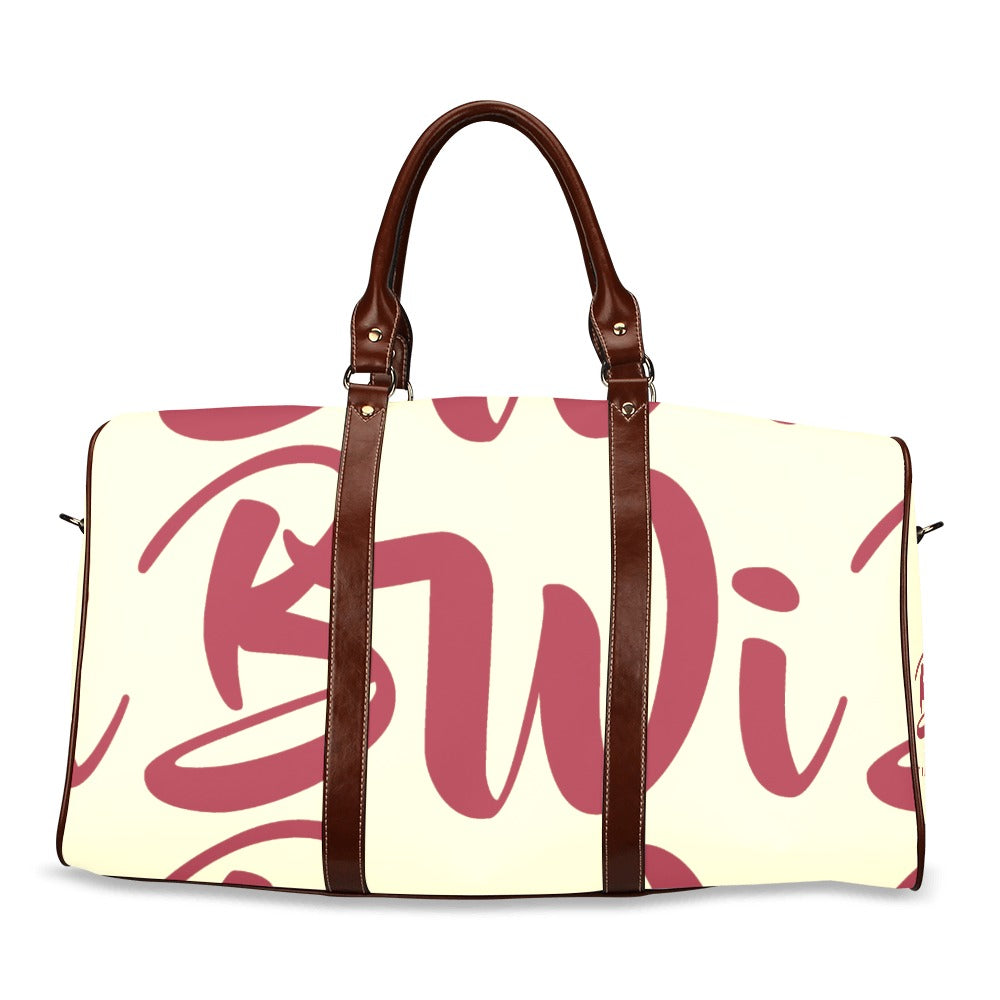 BWI: Luxury Travel Bag: Cream w/ Crimson Font - Brown Leather Straps Large-Waterproof (Model 1639) Waterproof Travel Bag/Large (Model 1639)
