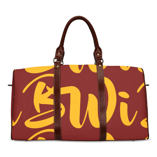 BWI: Luxury Travel Bag: Maroon w/ Orange Font - Brown Leather Strap Waterproof Travel Bag/Large (Model 1639)