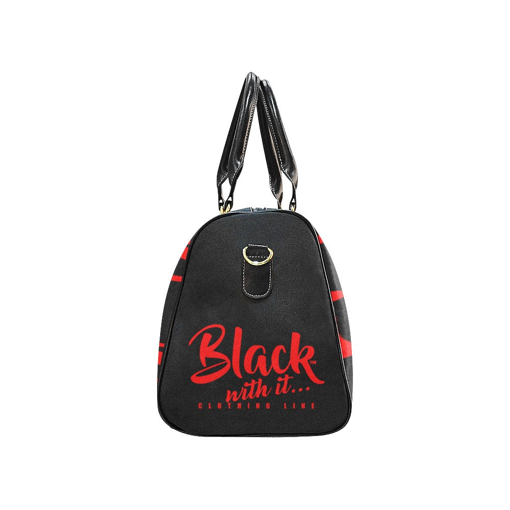 BWI Luxury Travel Bag: Black w/ Red Font - Black Leather Straps - Large (Made To Order)