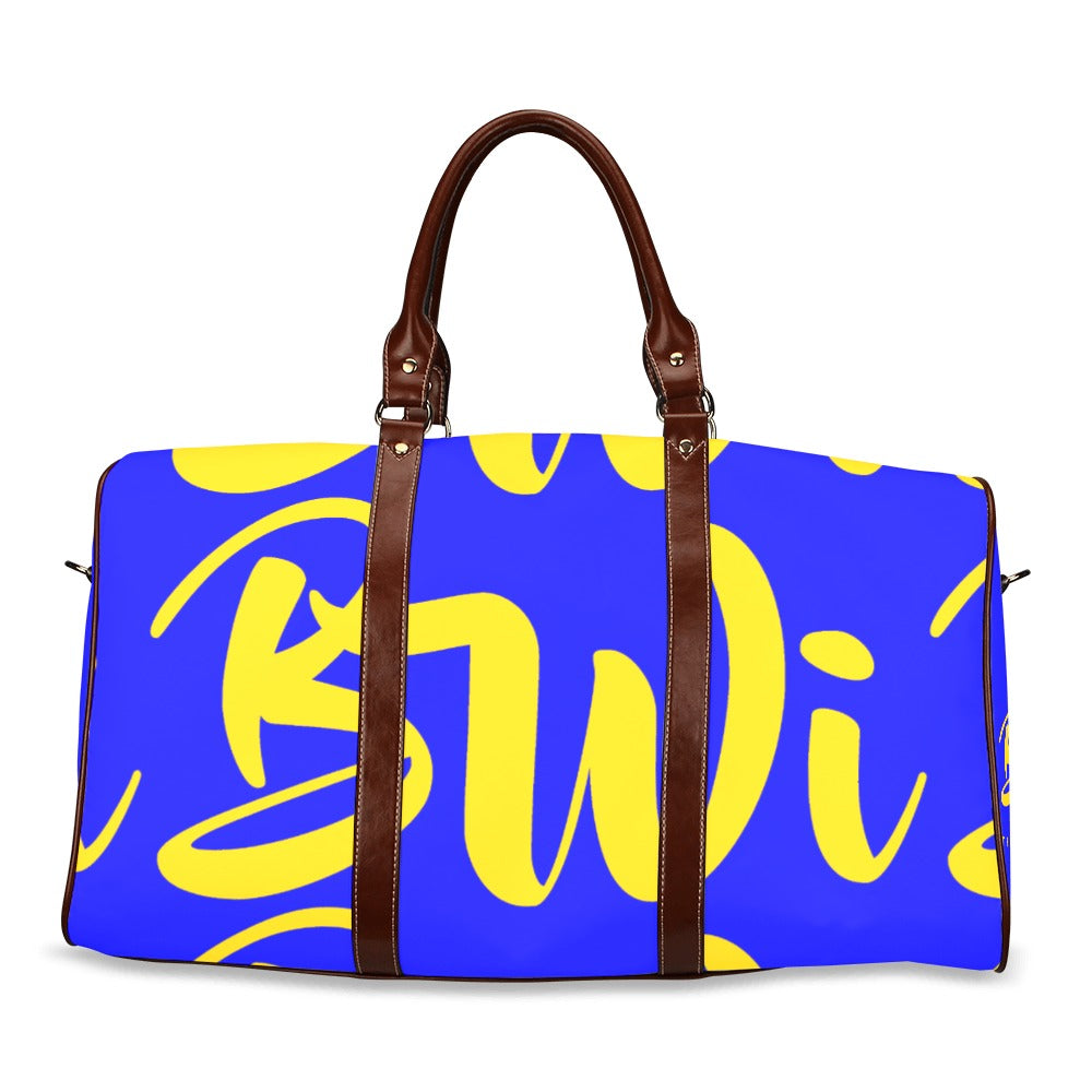 BWI: Luxury Travel Bag: Blue w/ Gold Font - Brown Leather Strap Waterproof Travel Bag/Large (Model 1639)