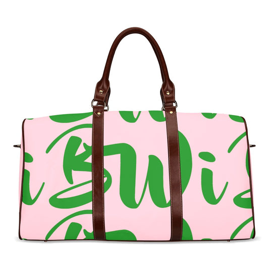 BWI: Luxury Travel Bag: Pink w/ Green Font - Brown Leather Straps Large-Waterproof (Model 1639) Waterproof Travel Bag/Large (Model 1639)