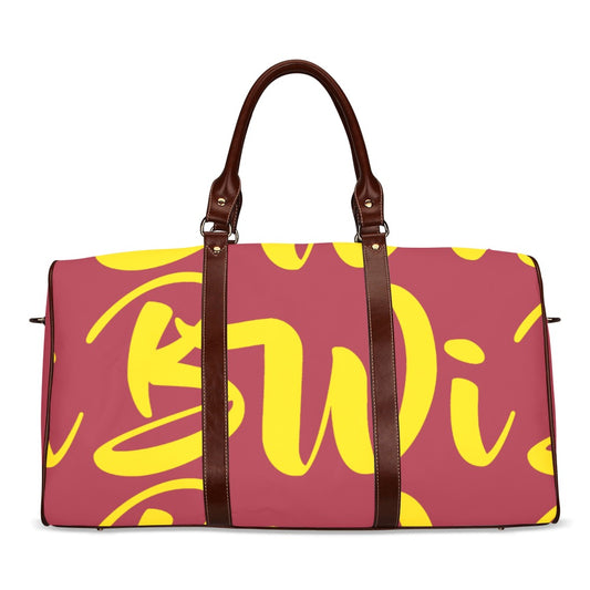 BWI: Luxury Travel Bag: Maroon w/ Gold Font - Brown Leather Strap Waterproof Travel Bag/Large (Model 1639)