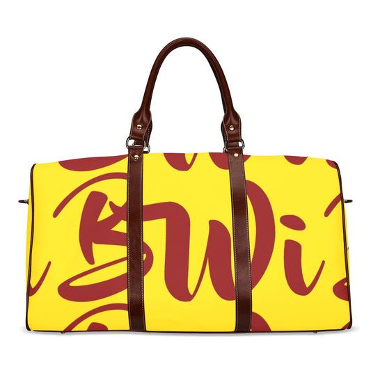 BWI: Luxury Travel Bag: Gold w/ Maroon Font - Brown Leather strap Waterproof Travel Bag/Large (Model 1639)