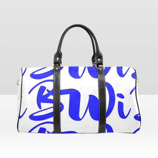 BWI Luxury Travel Bag-White w/Blue Font - Black Leather Straps/Large (Made To Order)