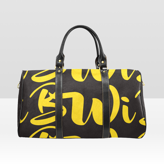 BWI Luxury Travel Bag: Black w/ Gold Font - Black Leather Straps - Large (Made To Order)