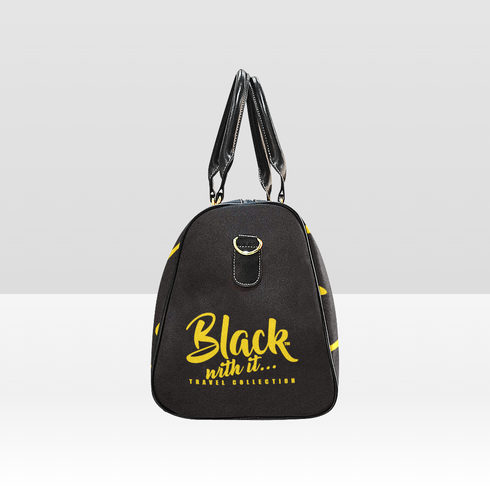 BWI Luxury Travel Bag: Black w/ Gold Font - Black Leather Straps - Large (Made To Order)