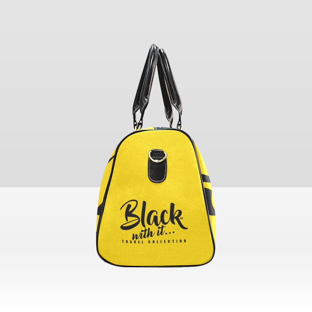 BWI Luxury Travel Bag: Gold w/ Black Font - Black Leather Straps - Large (Made To Order)