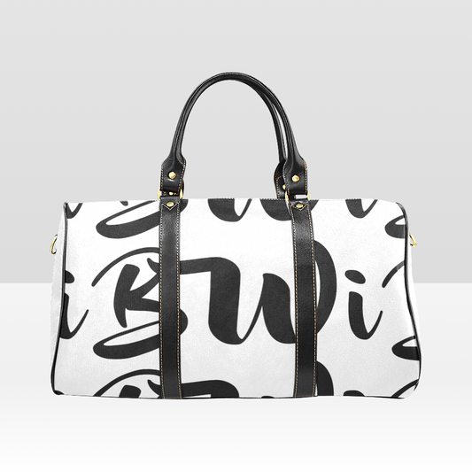 BWI Luxury Travel Bag- White w/Black Font -Black Leather Straps/Large (Made To Order)