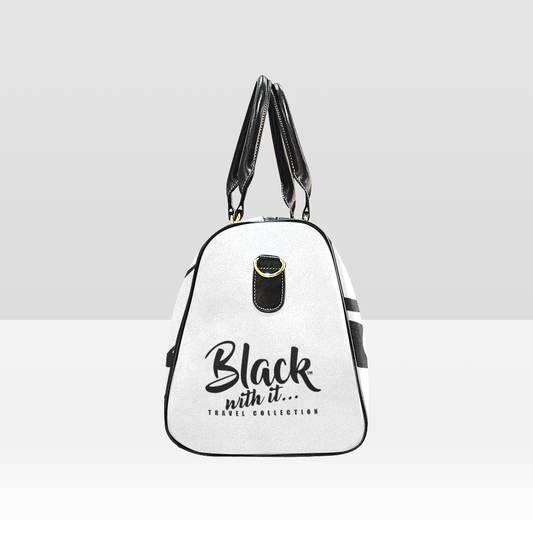 BWI Luxury Travel Bag- White w/Black Font -Black Leather Straps/Large (Made To Order)