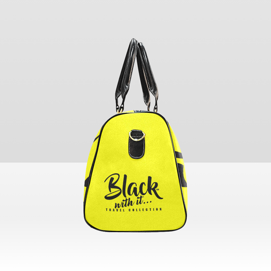 BWI Luxury Travel Bag: Yellow w/ Black Font- Black Leather Strap/Large (Made To Order)