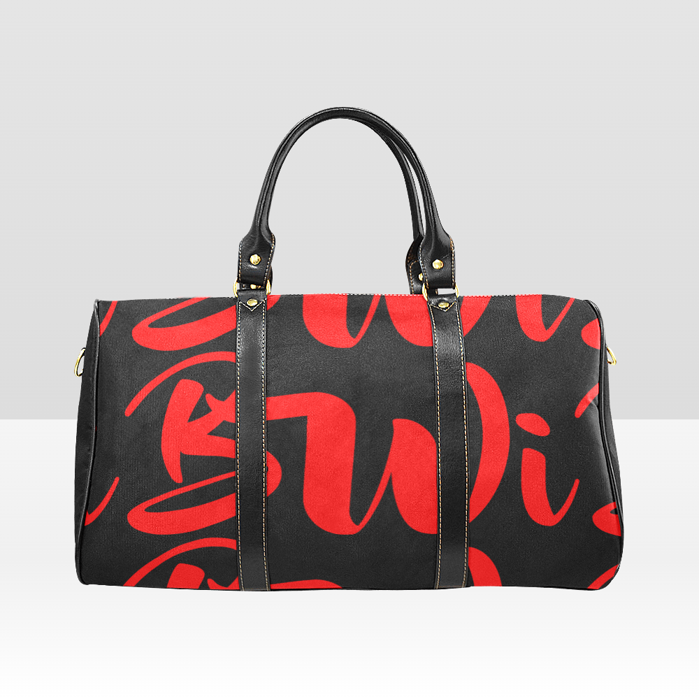 BWI Luxury Travel Bag: Black w/ Red Font - Black Leather Straps - Large (Made To Order)