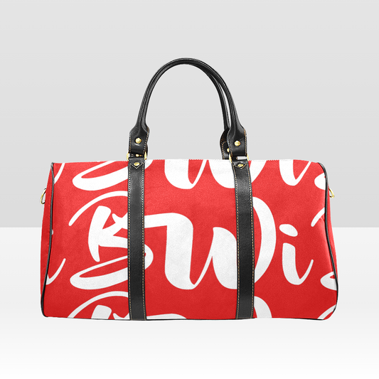BWI Luxury Travel Bag: Red w/ White Font - Black Leather Straps - Large (Made To Order)