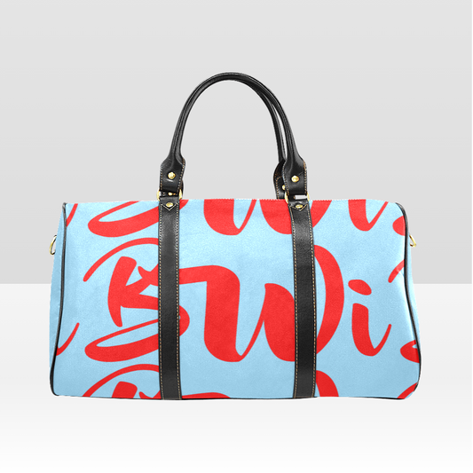 BWI: Luxury Travel Bag: Columbia Blue w/ Red Font - Black Leather Strap New Waterproof Travel Bag/Large (Model 1639)