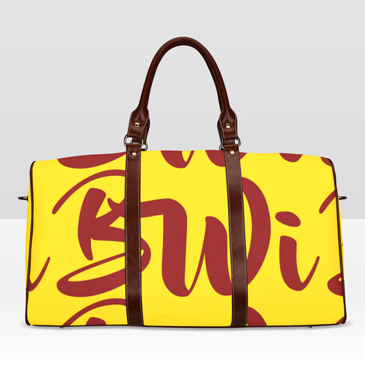BWI: Luxury Travel Bag: Gold w/ Maroon Font - Brown Leather strap Waterproof Travel Bag/Large (Model 1639)
