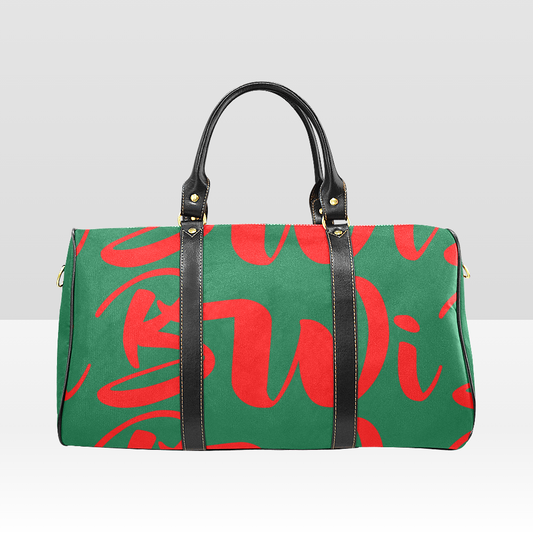 BWI: Luxury Tavel Bag: Kelly Green w/ Red Font - Black Leather Strap - Large - New Waterproof (Model 1639)