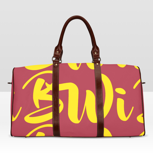 BWI: Luxury Travel Bag: Maroon w/ Gold Font - Brown Leather Strap Waterproof Travel Bag/Large (Model 1639)