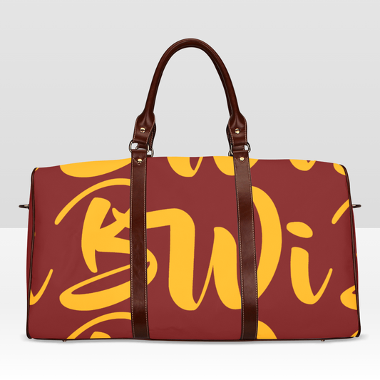 BWI: Luxury Travel Bag: Maroon w/ Orange Font - Brown Leather Strap Waterproof Travel Bag/Large (Model 1639)