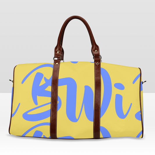 BWI: Luxury Travel Bag: Old Gold w/ Royal Blue Font - Brown Lether Straps Waterproof Travel Bag/Large (Model 1639)