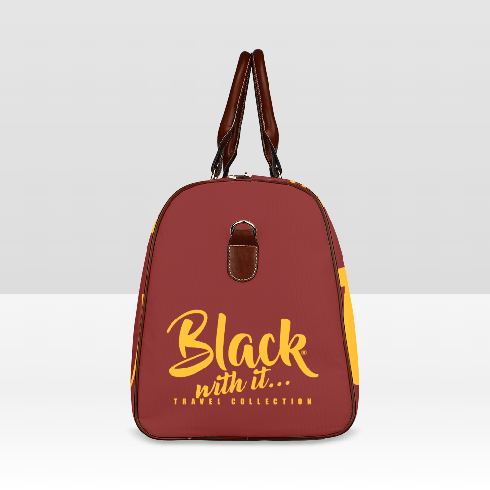 BWI: Luxury Travel Bag: Maroon w/ Orange Font - Brown Leather Strap Waterproof Travel Bag/Large (Model 1639)