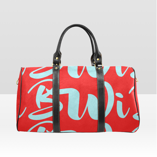 BWI: Luxury Travel Bag: Red w/ Columbia Blue Font with Black Strap New Waterproof Travel Bag/Large (Model 1639)