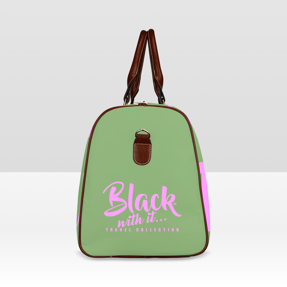 BWI Luxury Travel Bag-Green w/Pink Font -Brown Leather Straps/Large (Made To Order)