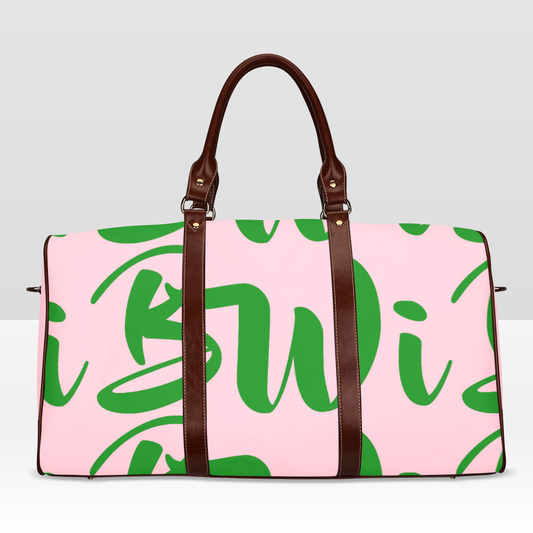 BWI Luxury Travel Bag: Pink w/ Green Font-Brown Leather Strap/Large (Made To Order)