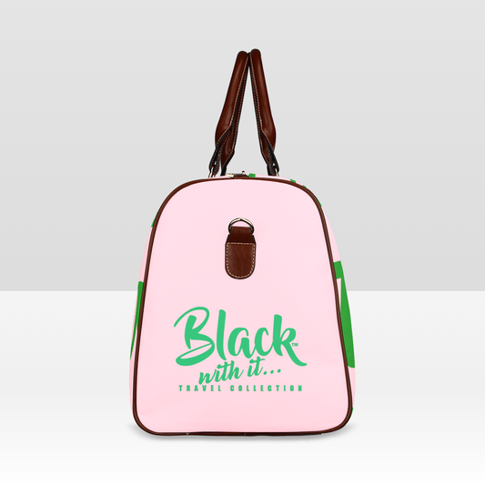 BWI Luxury Travel Bag: Pink w/ Green Font-Brown Leather Strap/Large (Made To Order)