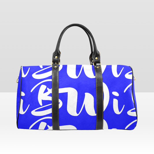 BWI Luxury Travel Bag-Blue w/White Font - Black Leather Straps/Large (Made To Order)
