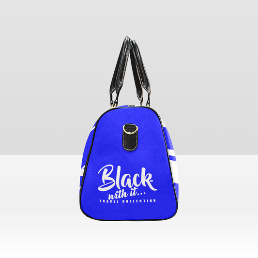 BWI Luxury Travel Bag-Blue w/White Font - Black Leather Straps/Large (Made To Order)