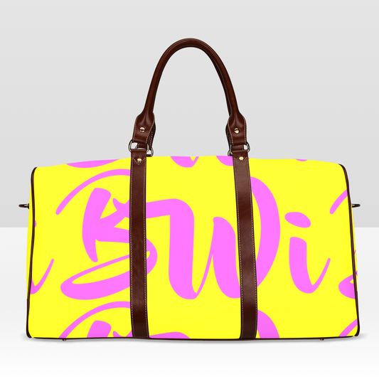 BWI: Luxury Travel Bag: Yellow w/ Pink Font - Brown Leather Straps Waterproof Travel Bag/Large (Model 1639)
